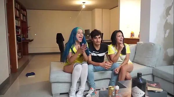 Nový man watches a soccer game with two girls licking pussy next to him mega Tube